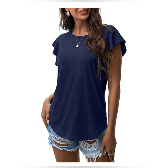 Navy blue ruffle sleeve shirt sz Small - Picture 2 of 4